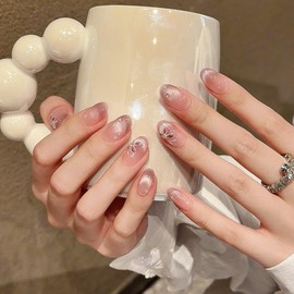 Handmade Press on Nails - Medium Pointed Almond Shape, Fake Nails Short Oval, Reusable Acrylic Stick on False Nails Kit for Women/K10-S