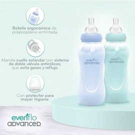 Evenflo Advanced Biberón Anticólicos, Cuello Estándar, Azul/Turquesa, Silicón Libre de BPA, Flujo Medio, 240ml, 8 Oz, 3+ Meses, 2 Piezas