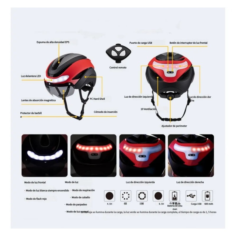 Casco De Bicicleta Con Luz Led Y Gafas Desmontables Adulto