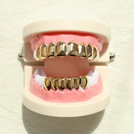 Careland 24k Plated Gold Grillz 8 Teeth Mouth Top and Bottom Grills Set Shiny Hip Hop Teeth Grillz + 2 Extra Molding Bars