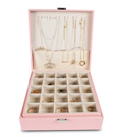 Frebeauty Earring Organizer Classic Jewelry Box 50 Slots Double Layer Jewelry Storage Case with 6 Necklace Hook and Bracelet Pocket(Pink)