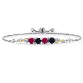 925 Silver and 10K Yellow Gold Red Created Ruby and Black Onyx and White Lab Grown Diamond Bracelet For Women | 2.17 Cttw | Gemstone July Birthstone | Round 5MM | Fully Adjustable 9 Inch