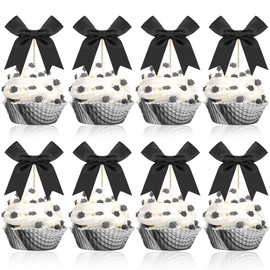 24 Pcs Black Bow Birthday Decorations Cupcake Toppers, Elegant Ribbon Cupcake Picks for Girls or Women, Black Themed Party Supplies