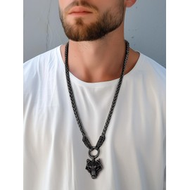 Wolf Pendant for Men Black Viking Norse Jewelry Wolf Head Necklace with 28 Inches Chunky Chain