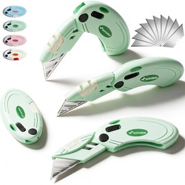 Box Opener with 10 Extra Blades,Mini Box Cutter with Button Lock Mechanism,Razor Blades Utility Knife for Opening Daily Express Boxes, Packages, Envelopes,Paper tapes.Green,4 Pcs.
