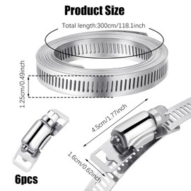 RosewineC RosewineC Hose Clamp, 3m/9.8ft Adjustable Jubilee Clips Stainless Steel Hose Clips with 6 Fasteners, Large Clamps Worm for Pipe, Plumbing, Intercooler Tube Exhaust Ducting Fuel Line