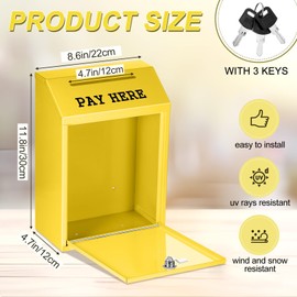Yaocom Safe Cash Box Money Collection Metal Donation Box with Lock Wall Mount Pre Drilled Mailbox Delivery Ballot for Home Office Outdoor Self Serve Stand(Yellow,11.8 x 8.6 x 4.7 Inch)