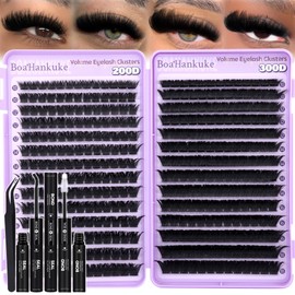 Lash Clusters Kit Thick Eyelash Clusters Kit 200D/300D Volume Individual Lashes 10-18MM D Curl Eyelash Extension Kit Dramatic Wispy Cluster Eyelash Extensions with Lash Bond&Seal