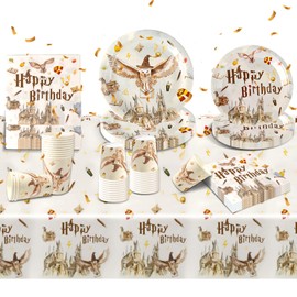 Magical Birthday Tableware Set, Wizard Party Birthday Decoration with Party Plates Cups and Napkins Tablecloths and Banner for Kids Aldult Birthday Magic Theme Party Supplies