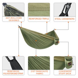 AnorTrek Camping Hammock, Super Lightweight Portable Parachute Hammock with Two Tree Straps Single or Double Nylon Travel Tree Hammocks for Camping Backpacking Hiking Army Green&khaki