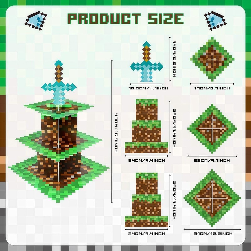 AEEGO Pixel Game Style Cupcake Stand, Three-Tier Cupcake Stand, Premium