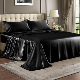 BEDELITE Satin Sheets Twin Size Bed Set, Luxury Soft Black Silky Sheets for Hair and Skin, Similar to Silk Bed Sheets Set 3 Pieces with 1 Deep Pocket Fitted Sheet, 1 Flat Sheet, and 1 Pillowcase