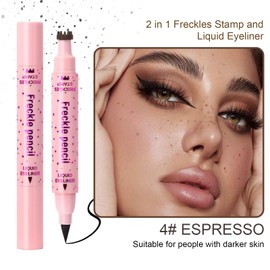 2 in 1 Faux Freckle Stamp and Liquid Eyeliner Pen, Natural Lifelike and Quick Dry Liquid Eyeliner Pen, Waterproof and Long Lasting with Sunkissed Face Fake Freckles Stain Marker Pencil - ESPRESSO