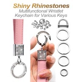 FEYOUN Bling Car Keychain for Women, Universal Genuine Leather Wristlet Strap Key FOB Holder Key Chain Carabiner Clip Accessories Parts with Sparkly Rhinestones, Anti-Lost D-Ring, 4 Key Rings - Pink