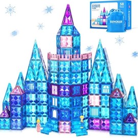 Magnetic Tile Castle 3D Building Block Set,Sensory STEM Educational Toddler Kids Toys,Birthday Gift for 3-8 Years Old - type: 58p blue Magnetic Tiles