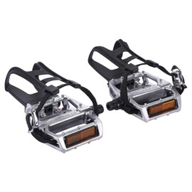 zonkie Bike Pedals with Clips and Straps for Outdoor Cycling Indoor Stationary Bike 9/16 Inch (Silver)