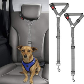 BWOGUE 2 Packs Dog Cat Safety Seat Belt Strap Car Headrest Restraint Adjustable Nylon Fabric Dog Restraints Vehicle Seatbelts Harness Grey Elastic Bungee