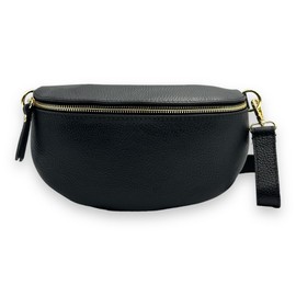 Women's Leather Bum Bag with Golden Carabiner, Crossbody Bag, Belt Bag, Chest Bag, Boom Bag, Waist Bag, black, Classic