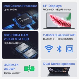 ECOHERO Laptop Computer, 8GB DDR4 RAM/256GB SSD, Intel Celeron Processor, 14 Inch FHD 1920x1080 Display, Win 11 Thin & Portable Notebook PC, 2.4G/5G WiFi and Bluetooth 5.1