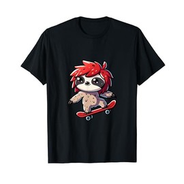 Skateboarding Sloth Manga Style Design Cool Shaggy Hair T-Shirt, black