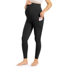 Enerful Womens Maternity Leggings with Pockets Workout Legging Pants Buttery Soft Pregnancy Active Wear Yoga Tights - Black - Medium