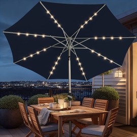 BLUU 10 Ft Patio Umbrella with Solar LED Lights, 5-Year Fade-Resistant Aluminum Outdoor Table Umbrella with Tilt Adjustment and Crank for Pool, Deck, Garden and Lawn, Navy Blue