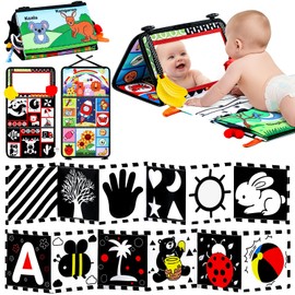 3PCS High Contrast Black & White Baby Toys - Tummy Time Mirror Infant Toys with Crinkle Cloth and Teether, Visual Stimulation Sensory Books for Newborns 0 3 6 12 Months, Shower Gift, Stocking Stuffers