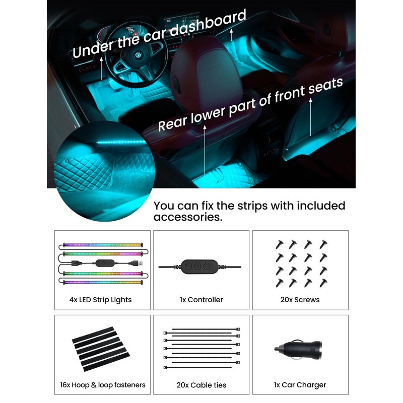 RGB+IC Car LED Lights, Smart 72 LED Car Interior Lights