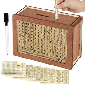 Wooden Money Box, Wooden Money Box with Numbers Checks, Retro Money Box with Target and Pens, Reusable Saving Box, Helps Children and Adults to Develop the Habit of Saving