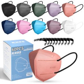 60 Pcs KN95 Face Mask Adults Disposabl, 5 Layer Cup Dust Safety Masks, Filter Efficiency≥95% Breathable Protection Masks for Men & Women with 10 Adjustable Mask Holder