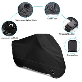 XYZCTEM XYZCTEM Motorcycle Cover -Waterproof Outdoor Storage Bag,Made of Heavy Duty Material, Fits up to 87" All Motors(Black& Lockholes& Professional Windproof Strap)