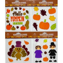 Thanksgiving Gel Cling Stickers for Windows and Mirrors - 4 Sheets of Reusable Seasonal Designs: Pilgrims, Turkey, Woodland Creatures and More!