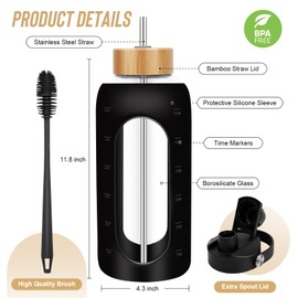 FULBEVY Glass Water Bottles 64 oz - Half Gallon Large Motivational Daily Water Intake Bottle Time Marker - Glass Water Bottle With Straw, Silicone Sleeve 2 Lids, Handle Spout & Bamboo Lid(Black)