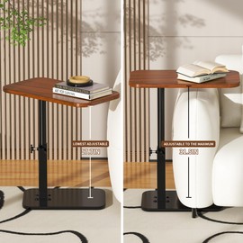 Botion Adjustable Height C-Shaped Table, 360° Swivel TV Tray, TV Tray for Couch, Bedside and Living Room, Couch Table with Metal Pillar(Nature)