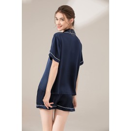 LEPTON 100% Mulberry Silk Short Sleeve Pajama Set (as1, alpha, m, regular, regular, Standard, Navy Blue)
