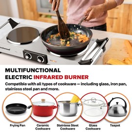 Techwood Electric Stove, Double Infrared Ceramic Hot Plate for Cooking, Two Control Cooktop Burner, Portable Anti-scald handles Suitable for Office/Home/Camp Use, 1800W Compatible for All Cookwares