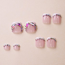 24 Pc Press on Toenails Short,YIHONGYAN Fake Toe Nails Press ons Toenail Tips Rhinestone French Acrylic Nail Art Kit Glue on Nails Full Cover Summer Beach False Toenails Stick on Nails for Women