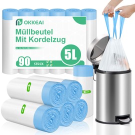 OKKEAI Small Bin Liners 5 L with Drawstring Bin Bags White Waste Bin Suitable for Bathroom, Toilet, Pack of 90 Bin Liners with Drawstring