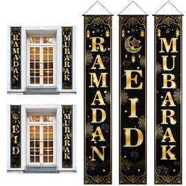 ANJAYLIA Black 3pcs Ramadan Mubarak Banner, 70x11 Inch Eid Mubarak Hanging Banners for Indoor and Outdoor Decoration, Ramadan and Eid Party Supplies