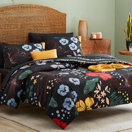 CASAAGUSTO Queen Comforter Set, 7 PCS Black Floral Comforter Set with Flowers Leaves Pattern, Soft Seersucker Design All Season Microfiber Queen Size Bedding Set (90"X90")
