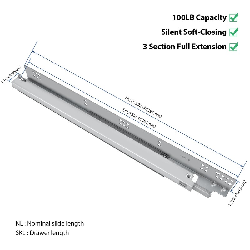 LONTAN 15 Inch Undermount Soft Close Drawer Slides 3D Locking