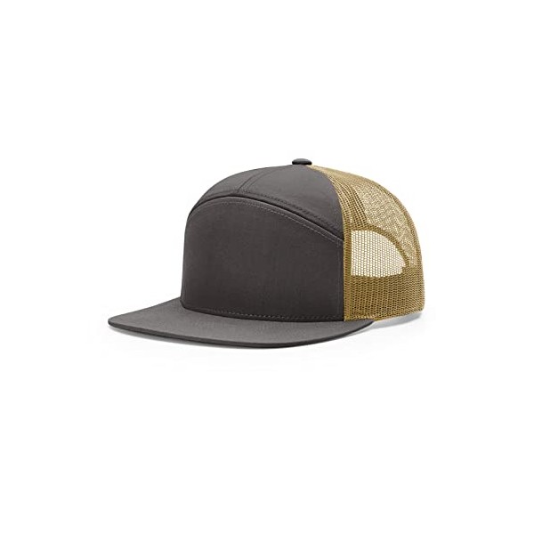 Richardson 168 7-Panel Trucker Hat, Flat Bill Snapback-OSFM-Charcoal/Old Gold