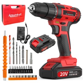 20V Cordless Drill, Electric Power Drills Kit with Battery and Charger, Torque 30N with 25+3 Settings, 3/8-Inch Keyless Chuck, 27pcs Drill Bits Set (Battery×1)
