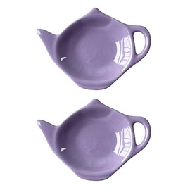 2 Pcs Ceramic Tea Bag Holder Set, Teapot Shaped Tea Bag Rest, Effective Drip Tray for Used Tea Bags, Elegant Kitchen Counter Organizer, Purple