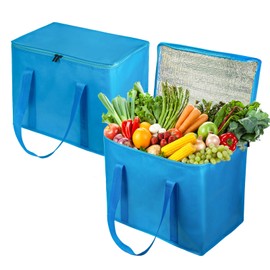 SYF-UN 2 Pack Insulated Reusable Grocery Shopping Bag, Food Delivery, Cooler Bag, Heavy Duty, Large Size, Durable Handles, Dual Tab Zips, Lid, Stands Upright, Collapsible, Sustainable (Blue, 2 Pack)