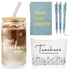 Domensi 6 Pcs Teacher Appreciation Gifts for Women,Best Teacher Ever Gift Set for Birthday, End of Year,Thank You Presents with 16 oz Glass Cup, A6 Notepad, Makeup Bag, Inspirational Pens(Blue)