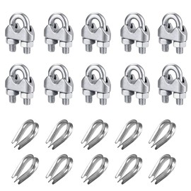 Wire Rope Clamp, Bow Rope Clamp, YOCZOX 5 mm Stainless Steel Rope Clamp, Twist Rope Clips, Steel Cable Clips, Wire Rope Thimbles, U Bolt Clamp for Wire Rope, Steel Cable (10 Rope Clamp + 10 Thimbles)