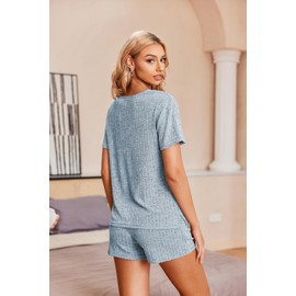Ekouaer Womens Pyjamas Shorts Ribbed Soft Ladies Pyjamas Summer Nightwear Blue M