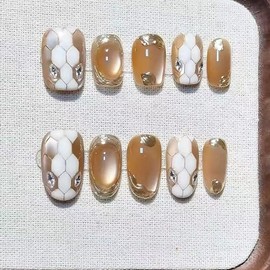 30 uñas postizas cuadradas cortas doradas, uñas postizas tipo ojo de gato, uñas acrílicas artificiales con rayas escocesas doradas 3D y diseños de cap