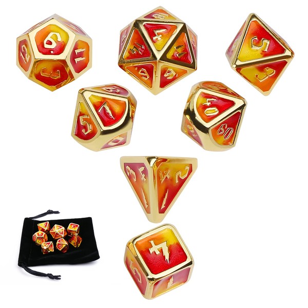DND Metal Dice Set with Bag D&D Role Playing Game Dice Polyhedral Dice Dungeons and Dragons (Fire,Standard Size)